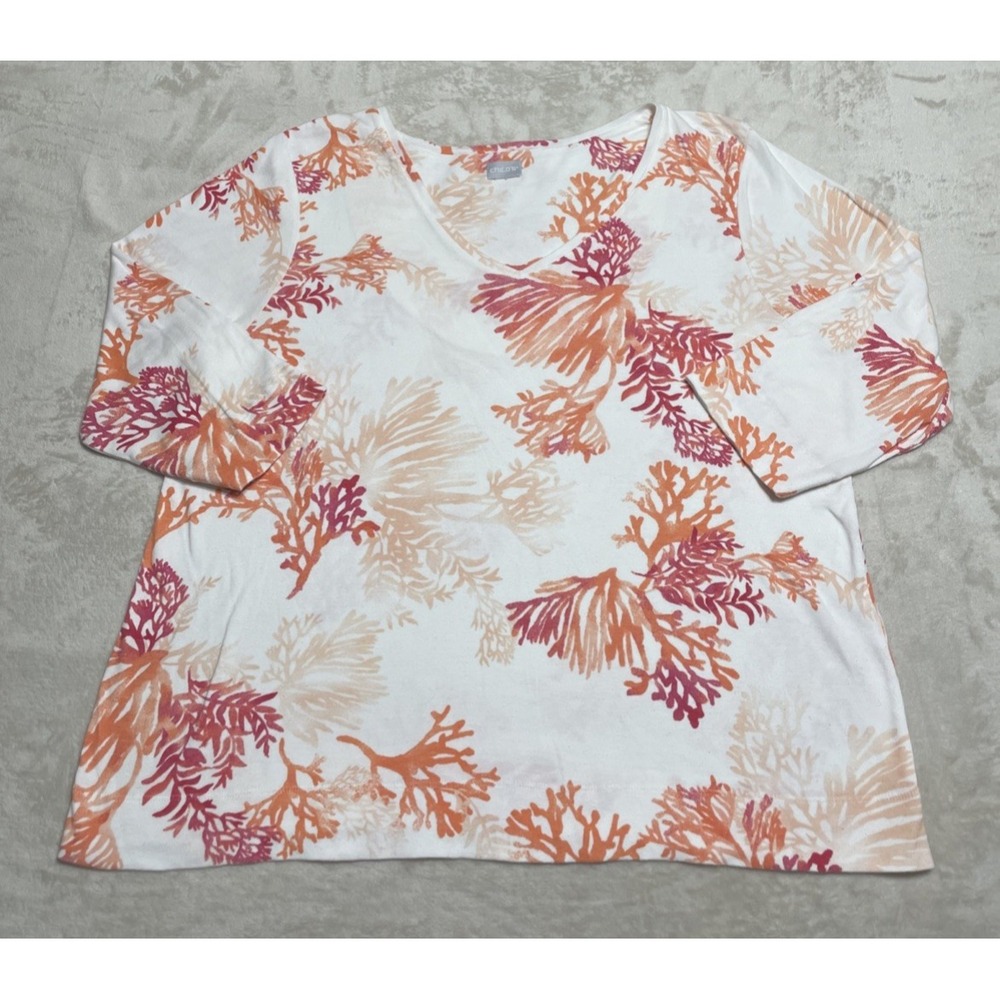 Chicos Top Womens Size XL Multicolor Short Sleeve Floral V Neck Pullover